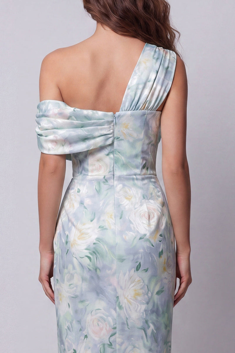 Load image into Gallery viewer, Light Green Floral One Shoulder Long Mermaid Ruched Formal Dress