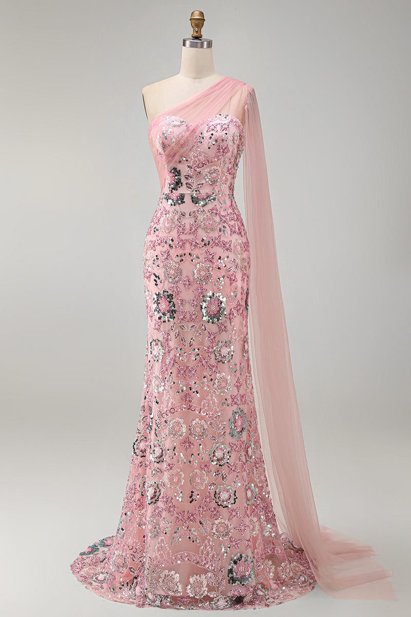 Load image into Gallery viewer, Sparkly Pink Mermaid Beaded Long Formal Dress with Side Cape