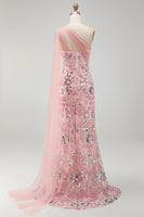 Load image into Gallery viewer, Sparkly Pink Mermaid Beaded Long Formal Dress with Side Cape