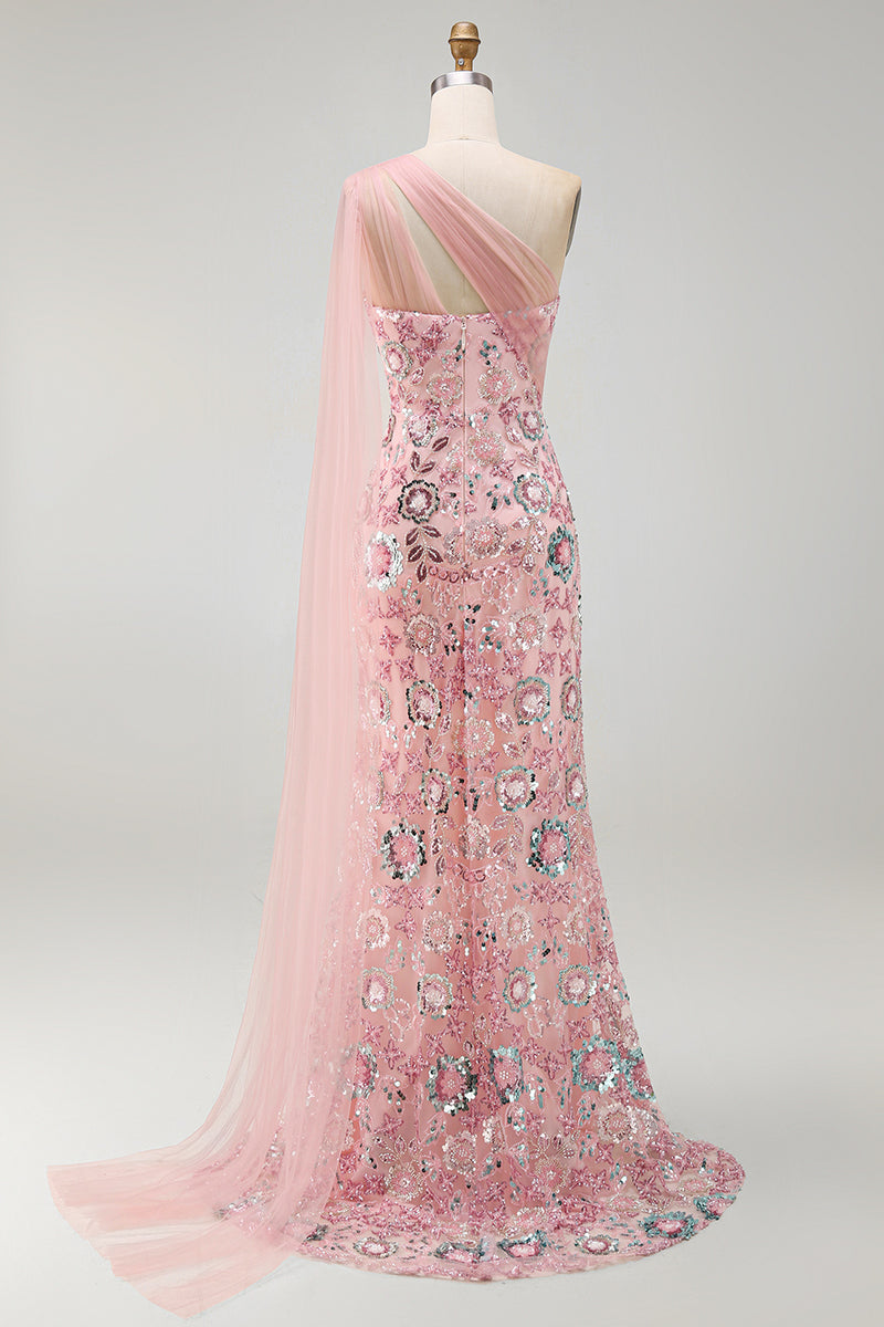 Load image into Gallery viewer, Sparkly Pink Mermaid Beaded Long Formal Dress with Side Cape