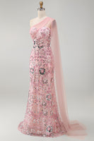Load image into Gallery viewer, Sparkly Pink Mermaid Beaded Long Formal Dress with Side Cape