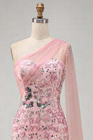 Load image into Gallery viewer, Sparkly Pink Mermaid Beaded Long Formal Dress with Side Cape