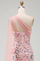 Load image into Gallery viewer, Sparkly Pink Mermaid Beaded Long Formal Dress with Side Cape