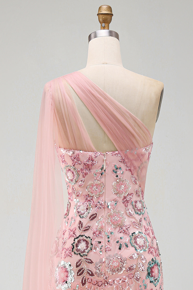 Load image into Gallery viewer, Sparkly Pink Mermaid Beaded Long Formal Dress with Side Cape