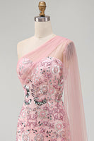 Load image into Gallery viewer, Sparkly Pink Mermaid Beaded Long Formal Dress with Side Cape