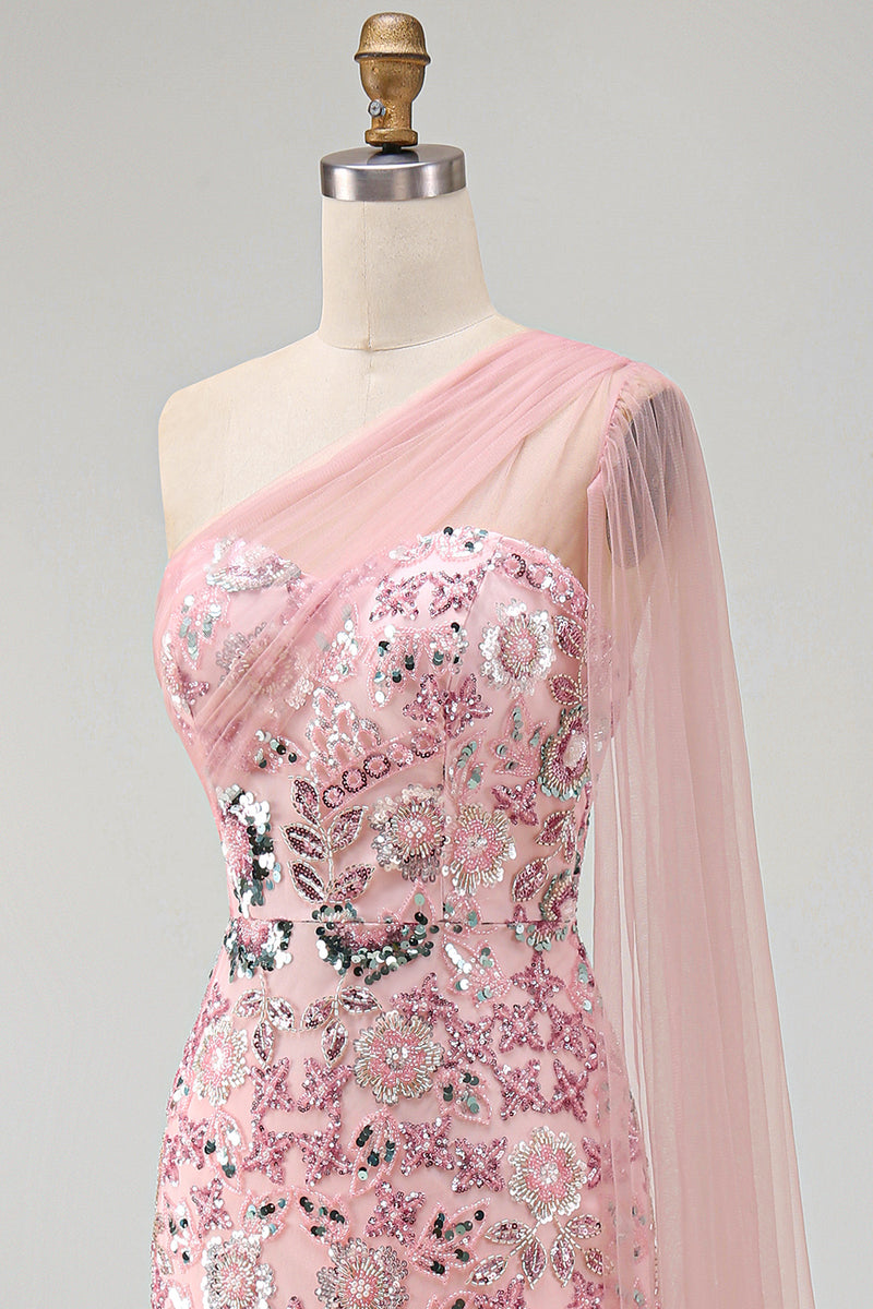 Load image into Gallery viewer, Sparkly Pink Mermaid Beaded Long Formal Dress with Side Cape