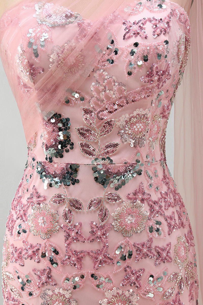 Load image into Gallery viewer, Sparkly Pink Mermaid Beaded Long Formal Dress with Side Cape
