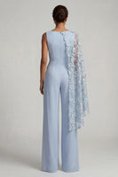 Load image into Gallery viewer, Sky Blue Boat Neck Floral Long Formal Pantsuits with Side Cape