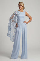 Load image into Gallery viewer, Sky Blue Boat Neck Floral Long Formal Pantsuits with Side Cape