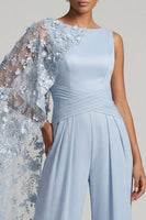 Load image into Gallery viewer, Sky Blue Boat Neck Floral Long Formal Pantsuits with Side Cape