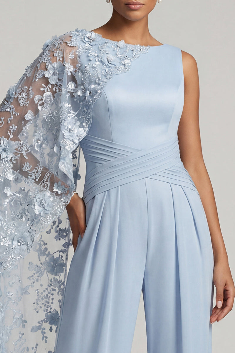 Load image into Gallery viewer, Sky Blue Boat Neck Floral Long Formal Pantsuits with Side Cape