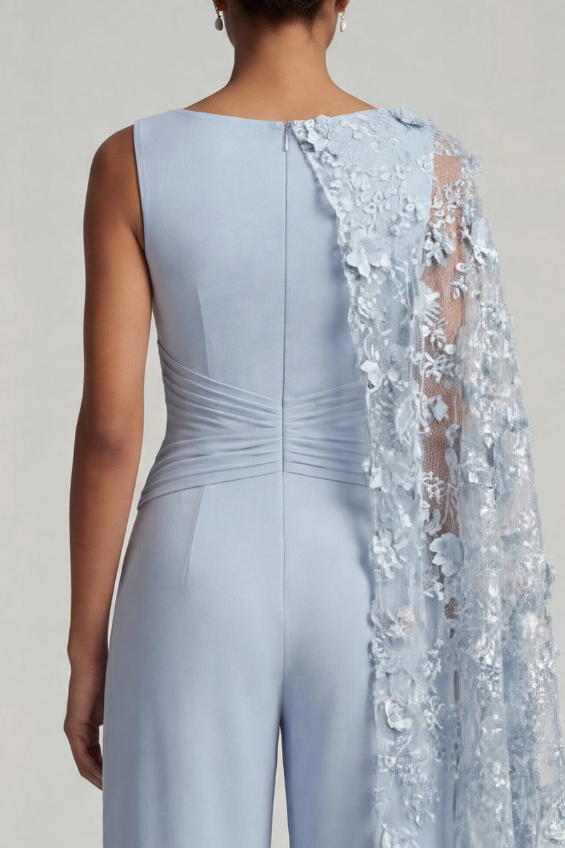 Load image into Gallery viewer, Sky Blue Boat Neck Floral Long Formal Pantsuits with Side Cape