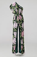 Load image into Gallery viewer, Dark Green One Shoulder Floral Long Formal Pantsuits with Pockets