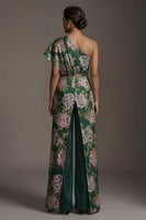 Load image into Gallery viewer, Dark Green One Shoulder Floral Long Formal Pantsuits with Pockets