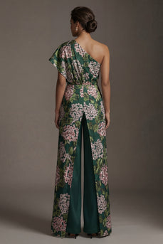 Dark Green One Shoulder Floral Long Formal Pantsuits with Pockets