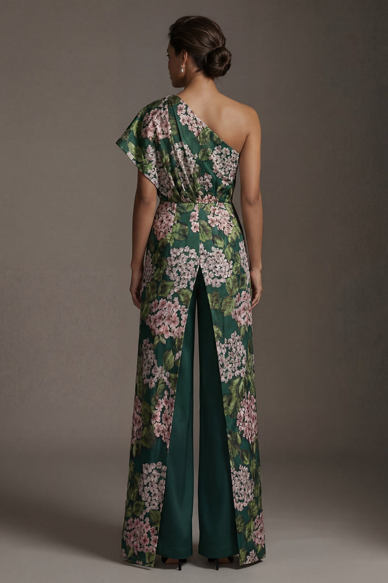Load image into Gallery viewer, Dark Green One Shoulder Floral Long Formal Pantsuits with Pockets