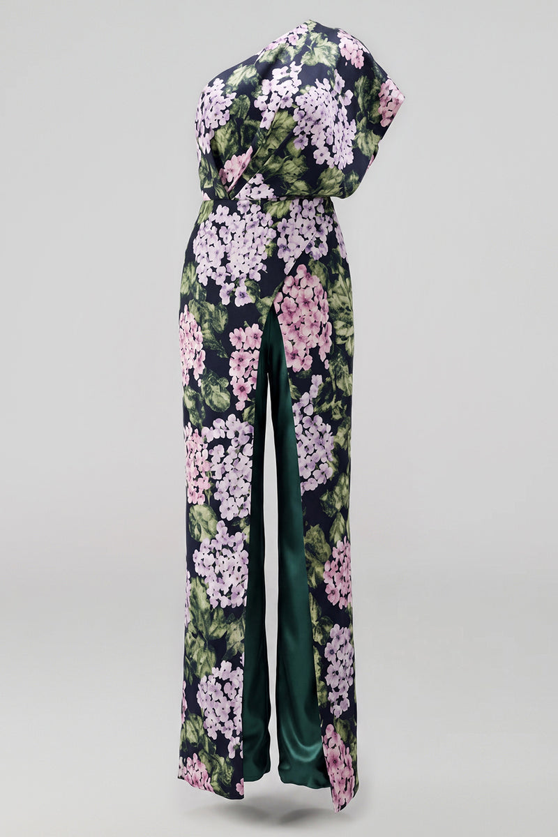 Load image into Gallery viewer, Dark Green One Shoulder Floral Long Formal Pantsuits with Pockets
