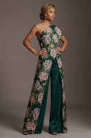 Load image into Gallery viewer, Dark Green One Shoulder Floral Long Formal Pantsuits with Pockets