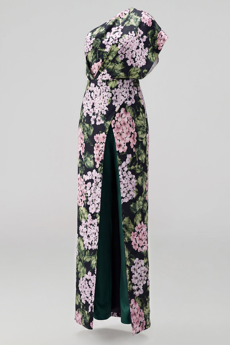 Load image into Gallery viewer, Dark Green One Shoulder Floral Long Formal Pantsuits with Pockets