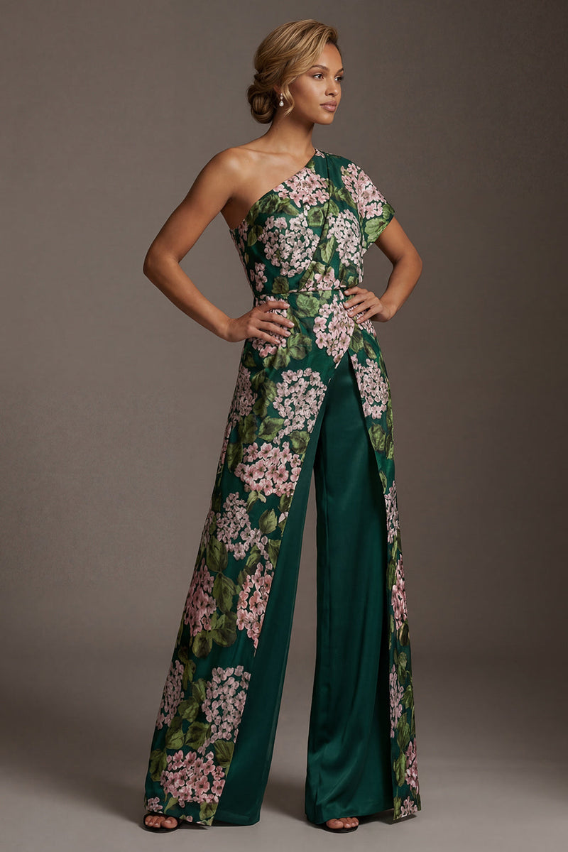 Load image into Gallery viewer, Dark Green One Shoulder Floral Long Formal Pantsuits with Pockets