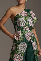 Load image into Gallery viewer, Dark Green One Shoulder Floral Long Formal Pantsuits with Pockets
