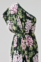 Load image into Gallery viewer, Dark Green One Shoulder Floral Long Formal Pantsuits with Pockets