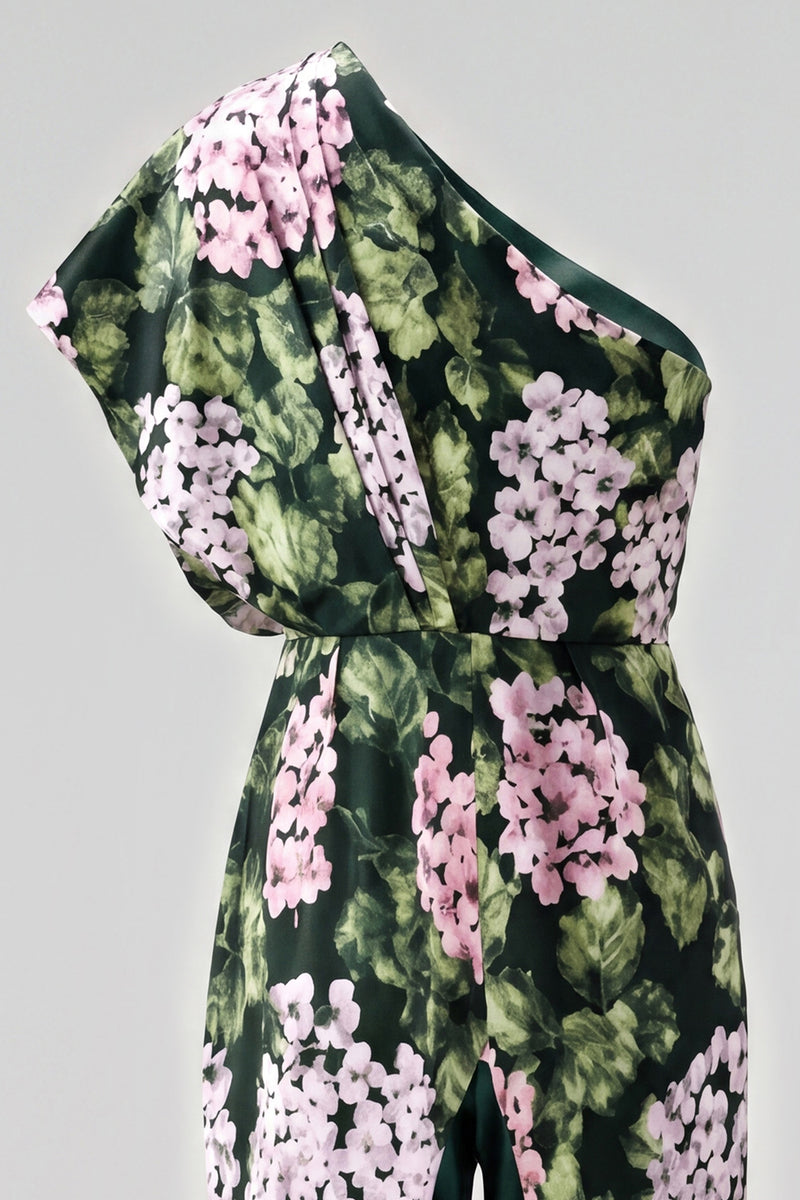 Load image into Gallery viewer, Dark Green One Shoulder Floral Long Formal Pantsuits with Pockets