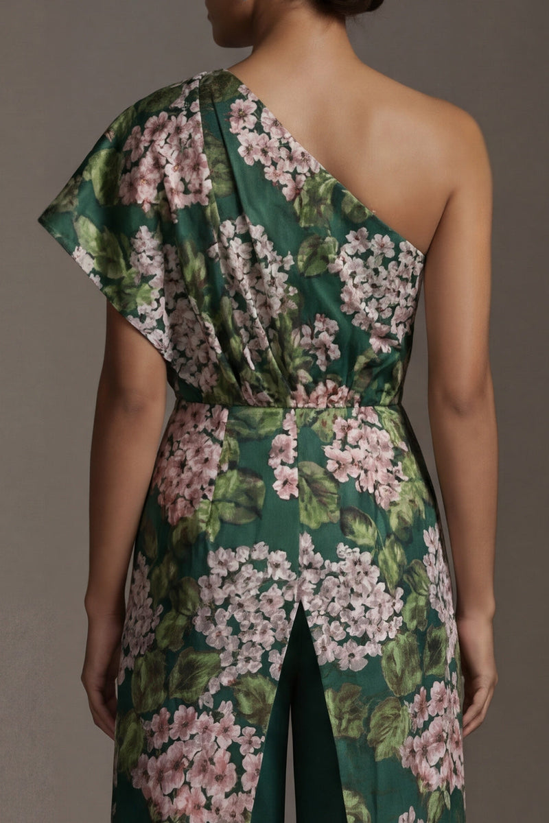 Load image into Gallery viewer, Dark Green One Shoulder Floral Long Formal Pantsuits with Pockets