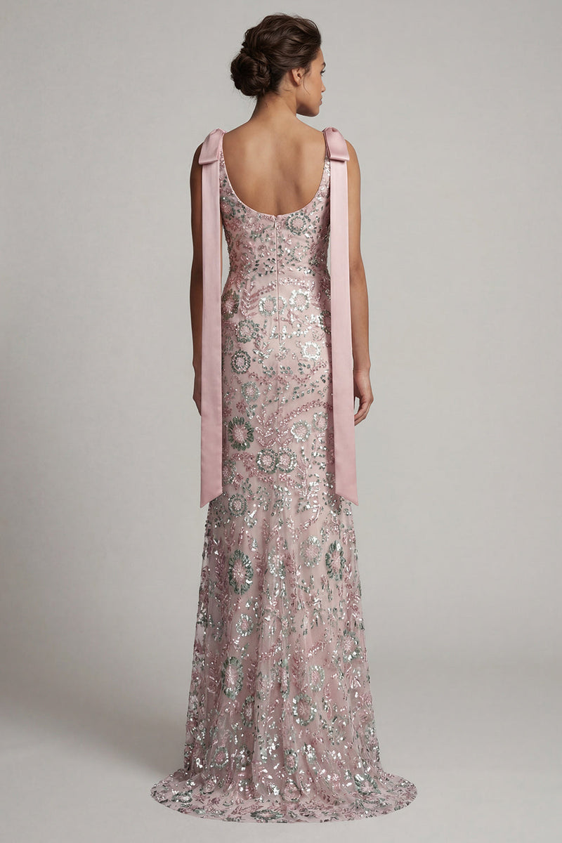 Load image into Gallery viewer, Sparkly Pink Beaded Boat Neck Mermaid Long Formal Dress with Bows