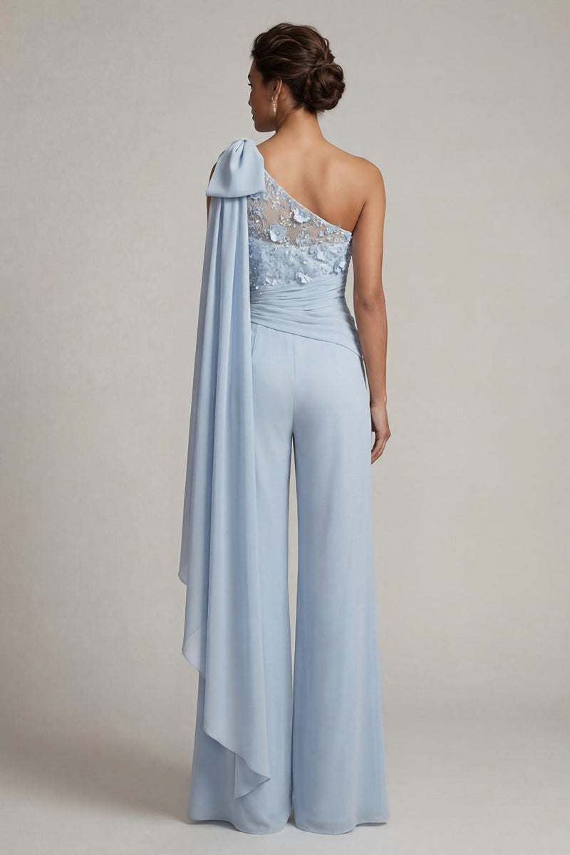 Load image into Gallery viewer, Sky Blue Floral Ruffled One Shoulder Long Formal Pantsuits with Lace