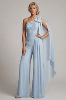 Load image into Gallery viewer, Sky Blue Floral Ruffled One Shoulder Long Formal Pantsuits with Lace