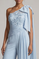 Load image into Gallery viewer, Sky Blue Floral Ruffled One Shoulder Long Formal Pantsuits with Lace
