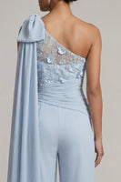 Load image into Gallery viewer, Sky Blue Floral Ruffled One Shoulder Long Formal Pantsuits with Lace