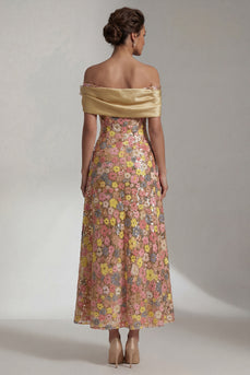 Sparkly Yellow Off the Shoulder A Line Long Formal Dress with 3D Flower