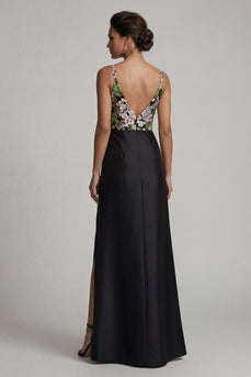 Black V-Neck Floral Long Formal Dress with Slit