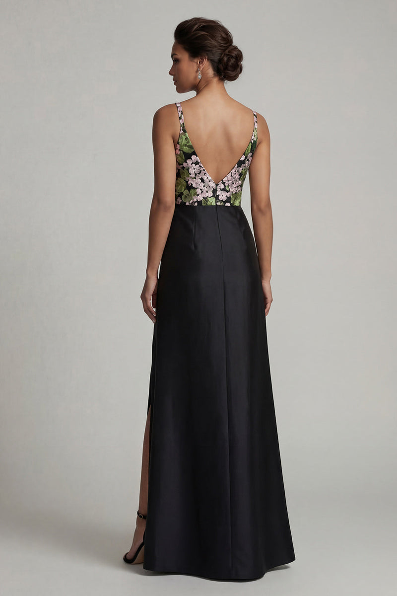 Load image into Gallery viewer, Black V-Neck Floral Long Formal Dress with Slit