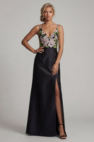 Load image into Gallery viewer, Black V-Neck Floral Long Formal Dress with Slit