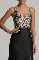 Load image into Gallery viewer, Black V-Neck Floral Long Formal Dress with Slit