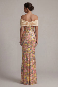 Sparkly Yellow Floral Off the Shoulder Mermaid Long Formal Dress with Bow