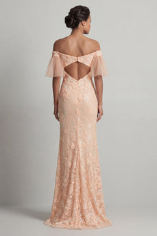 Sparkly Peach Floral Long Beaded Mermaid Formal Dress with Slit