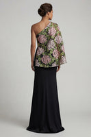 Load image into Gallery viewer, Black Floral Mermaid Long Formal Dress with Side Cape