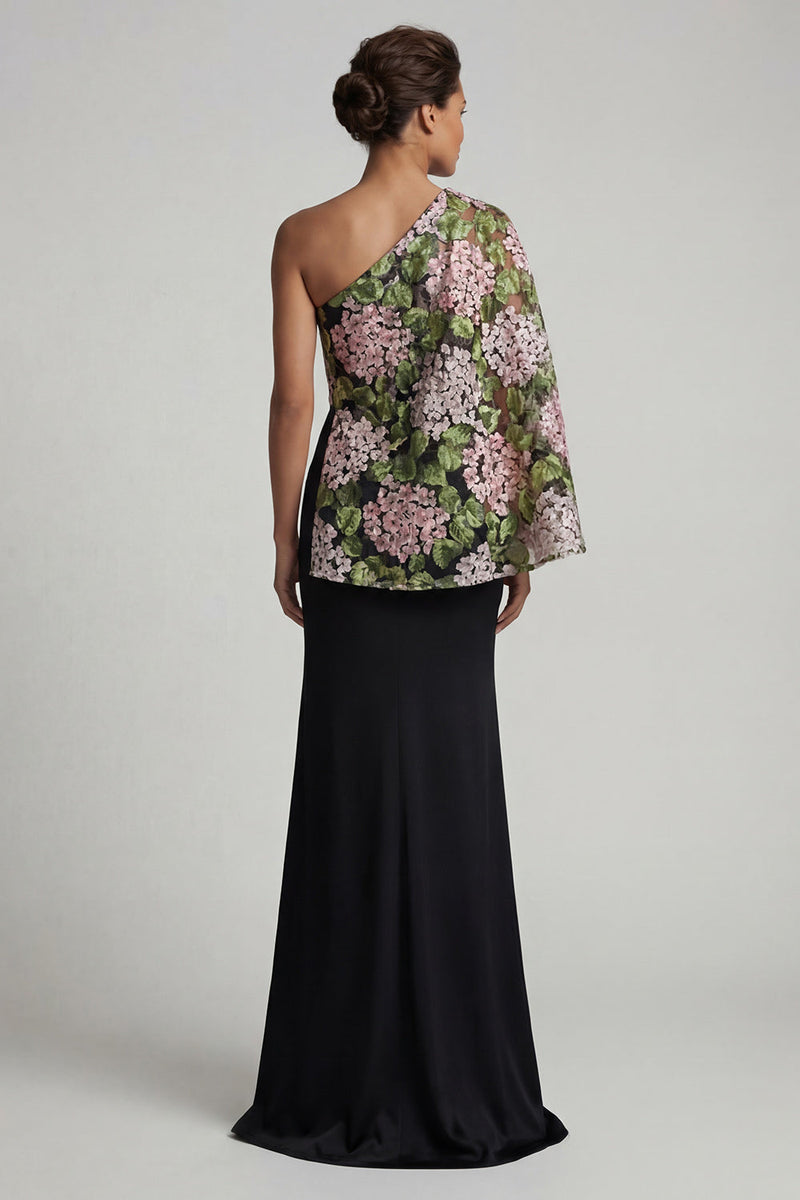 Load image into Gallery viewer, Black Floral Mermaid Long Formal Dress with Side Cape