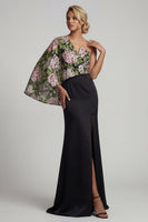 Load image into Gallery viewer, Black Floral Mermaid Long Formal Dress with Side Cape