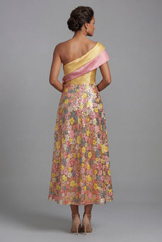 Sparkly Yellow One Shoulder Floral A Line Long Formal Dress with Pockets