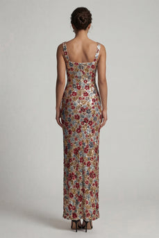 Sparkly Red Sequin Square Neck Floral Mermaid Long Formal Dress