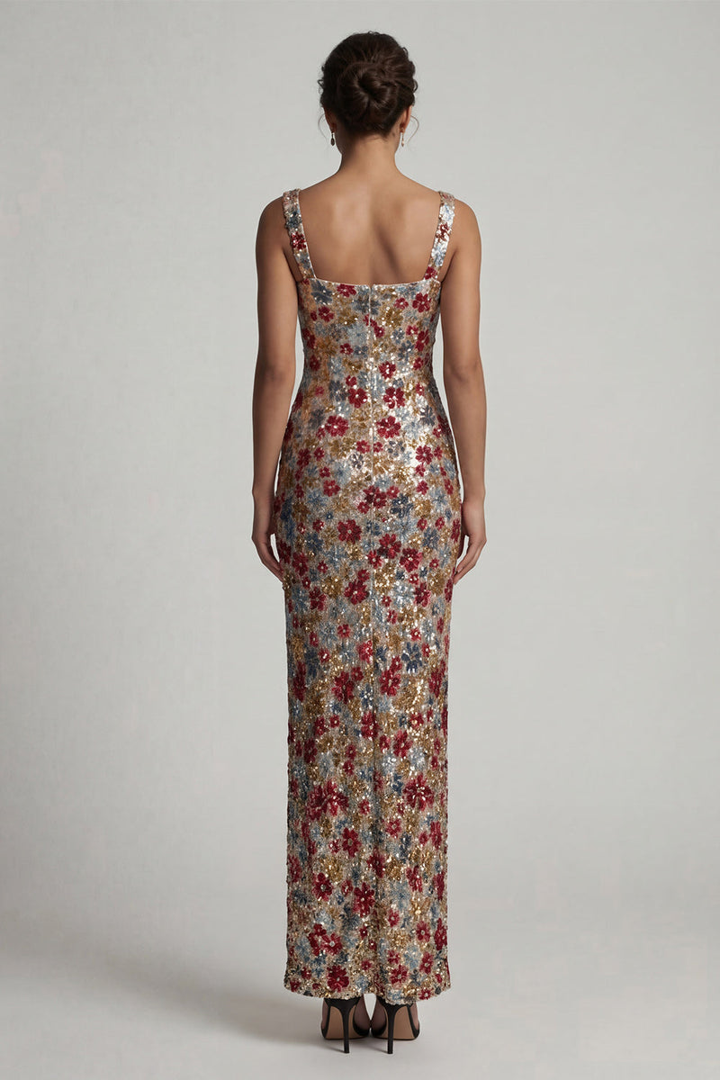 Load image into Gallery viewer, Sparkly Red Sequin Square Neck Floral Mermaid Long Formal Dress