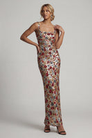 Load image into Gallery viewer, Sparkly Red Sequin Square Neck Floral Mermaid Long Formal Dress