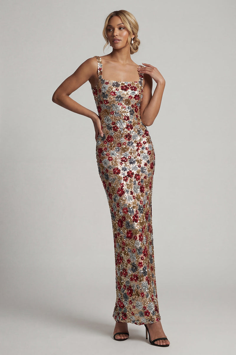 Load image into Gallery viewer, Sparkly Red Sequin Square Neck Floral Mermaid Long Formal Dress