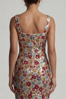Load image into Gallery viewer, Sparkly Red Sequin Square Neck Floral Mermaid Long Formal Dress
