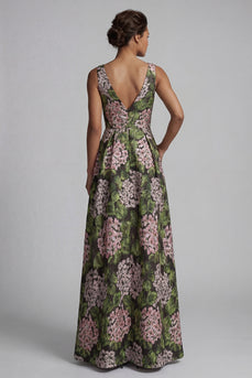 Dark Green V-Neck Floral A Line Long Formal Dress with Pockets